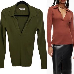 Babaton Ribbed V-Neck Polo Sweater in Olive Green and Rust